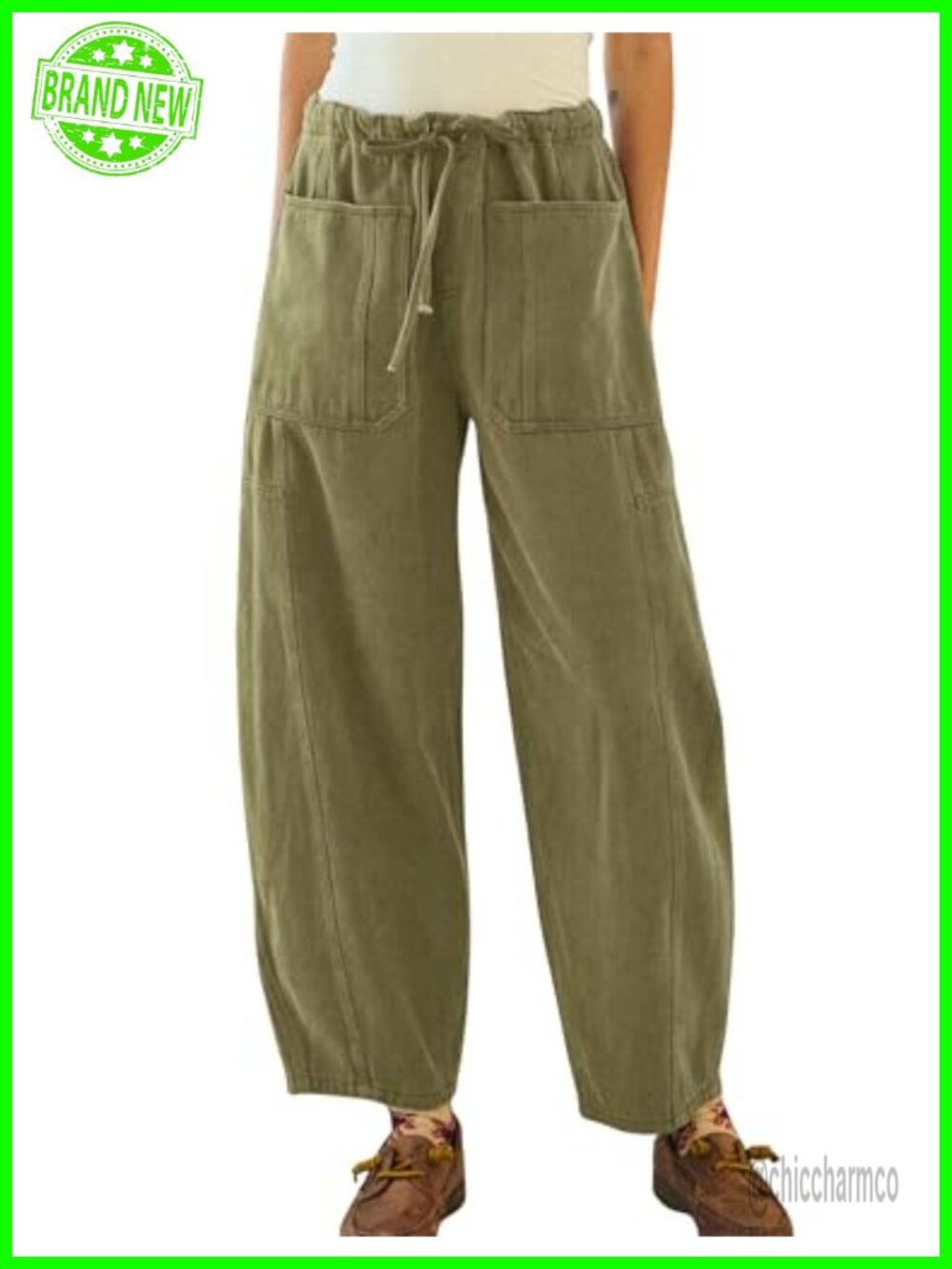 Wide Leg Barrel Pants Mid Rise Drawstring Baggy Trousers with Pockets